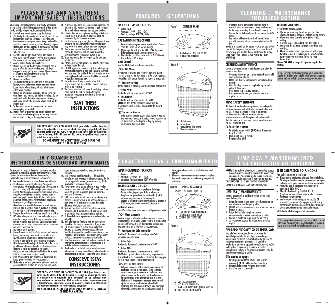 Holmes HCH4062B warranty Technical Specifications, Operating Instructions, Cleaning/Maintenance, Troubleshooting 