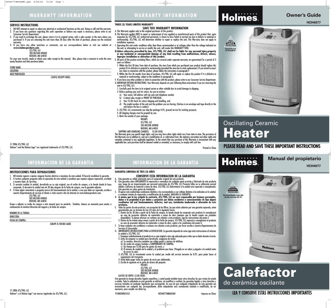 Holmes HCH4077 warranty Service Instructions, Save this Warranty Information, Instrucciones Para Reparaciones 