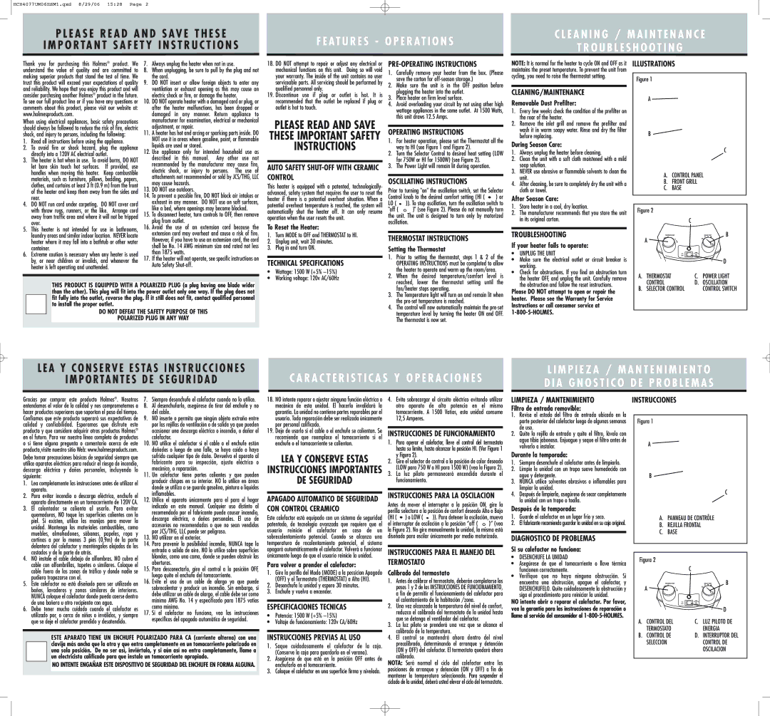 Holmes HCH4077 warranty Auto Safety SHUT-OFF with Ceramic Control, Technical Specifications, PRE-OPERATING Instructions 