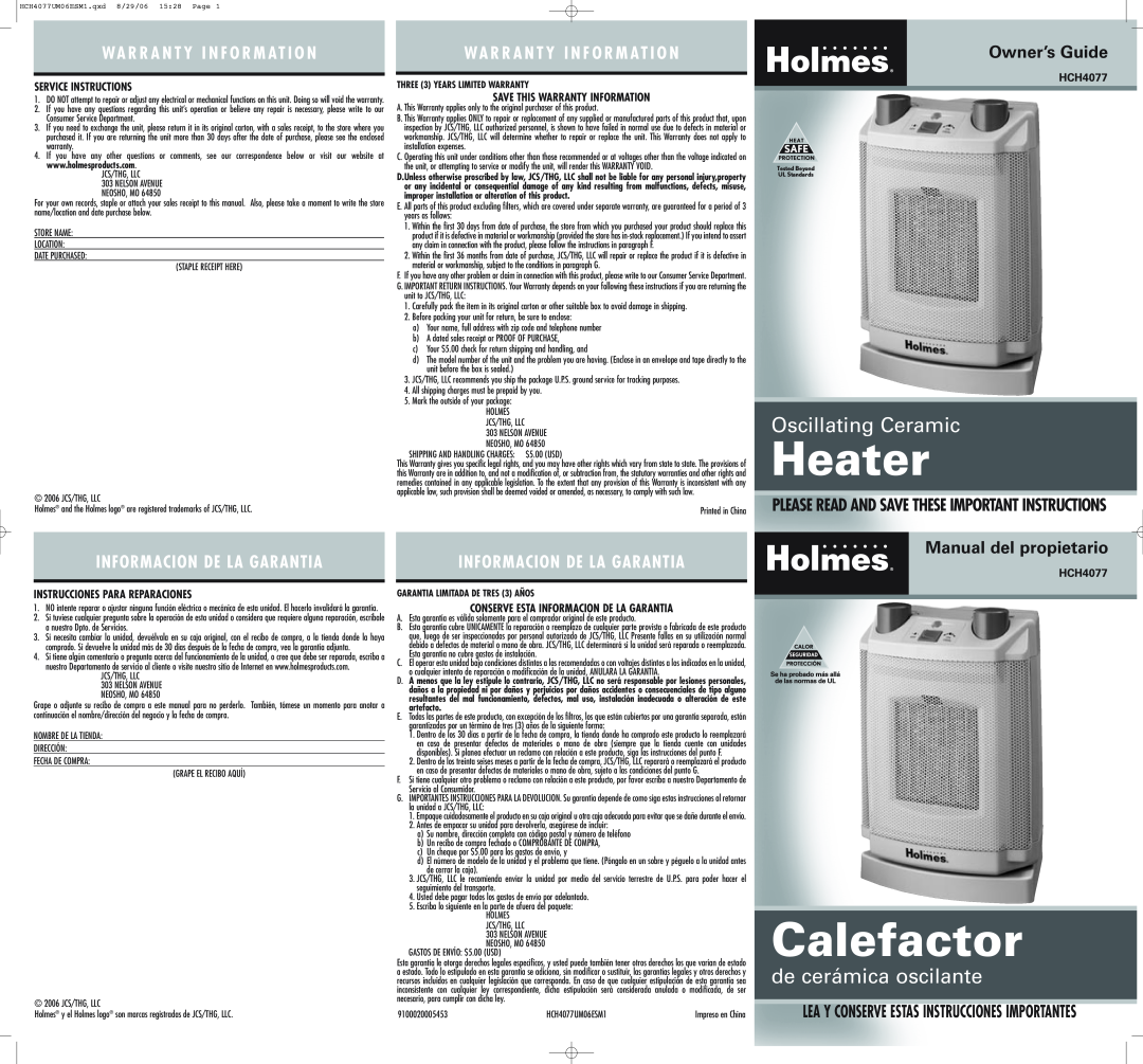 Holmes HCH4077 warranty Wa R R A N T Y I N F O R M At I O N, Owner’s Guide, Manual del propietario, Heater, Calefactor 