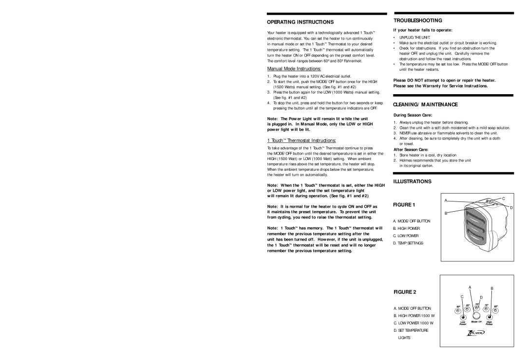 Holmes HCH4105TG warranty Operating Instructions, Manual Mode Instructions, Touch Thermostat Instructions, Troubleshooting 