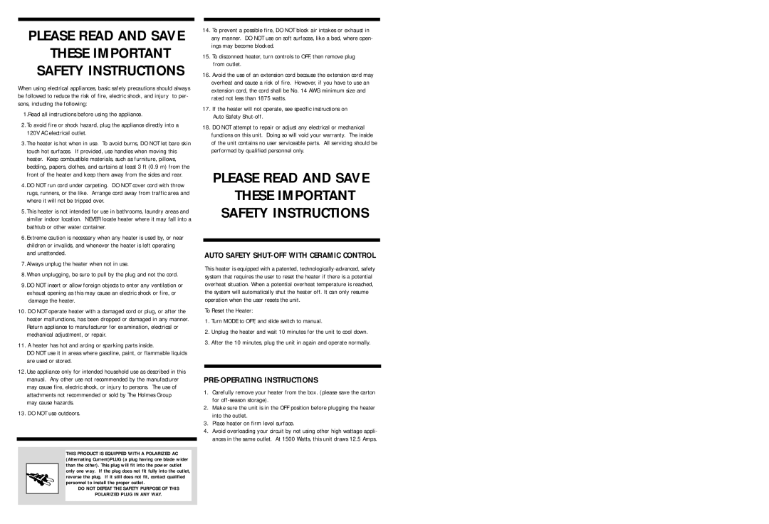 Holmes HCH4124 warranty PRE-OPERATING Instructions, Read all instructions before using the appliance, Do not use outdoors 