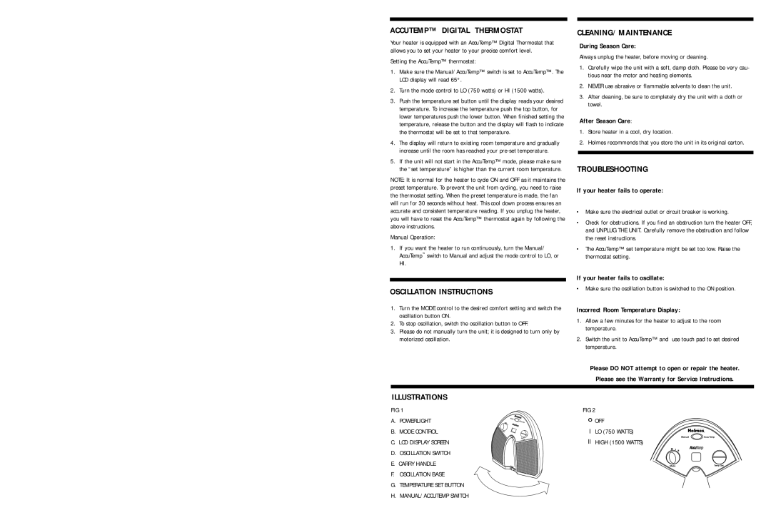 Holmes HCH4124 Accutemp Digital Thermostat, Oscillation Instructions, Cleaning/Maintenance, Troubleshooting, Illustrations 