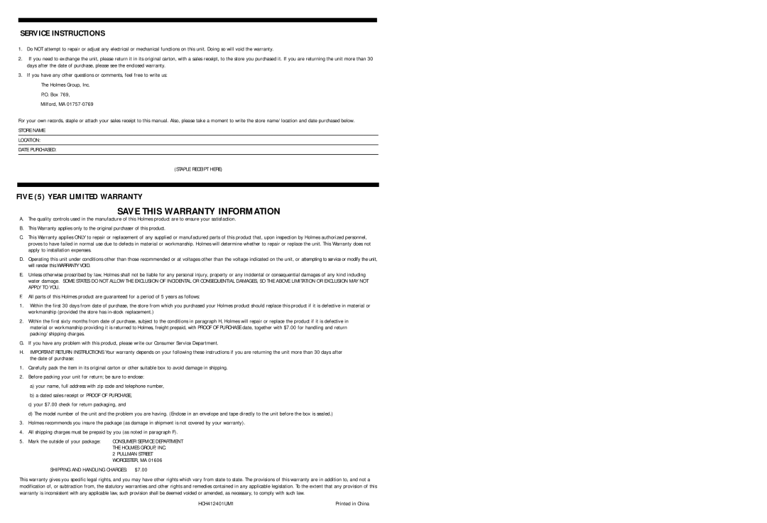 Holmes HCH4124 warranty Service Instructions, Five 5 Year Limited Warranty 