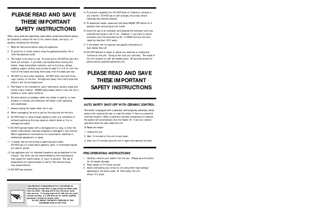 Holmes HCH41251 warranty PRE-OPERATING Instructions, Read all instructions before using the appliance, Do not use outdoors 