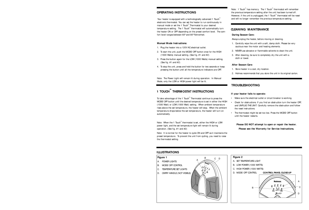 Holmes HCH41251 warranty Operating Instructions, Cleaning/Maintenance, Troubleshooting, Illustrations 