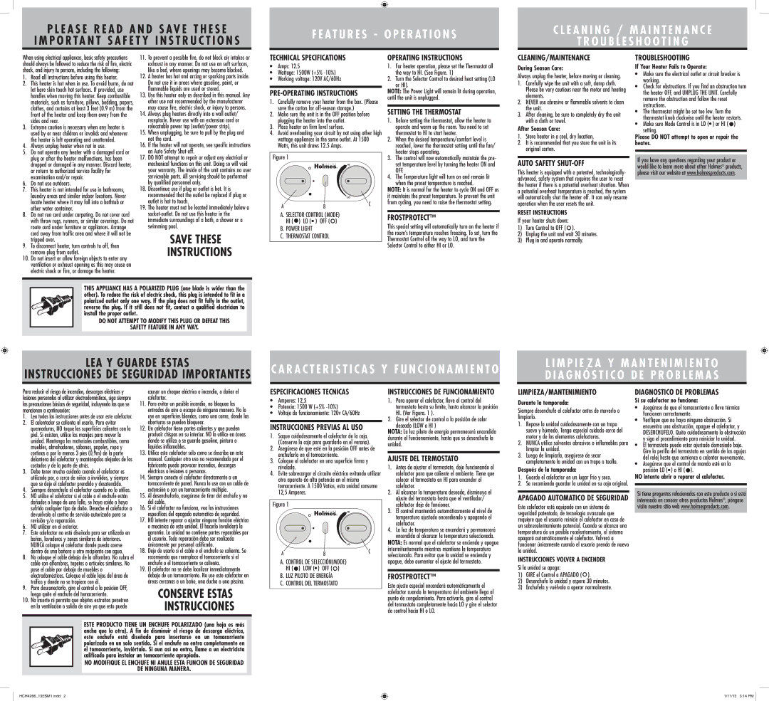 Holmes HCH4266 Technical Specifications, Operating Instructions, Setting the Thermostat, Frostprotect, Troubleshooting 