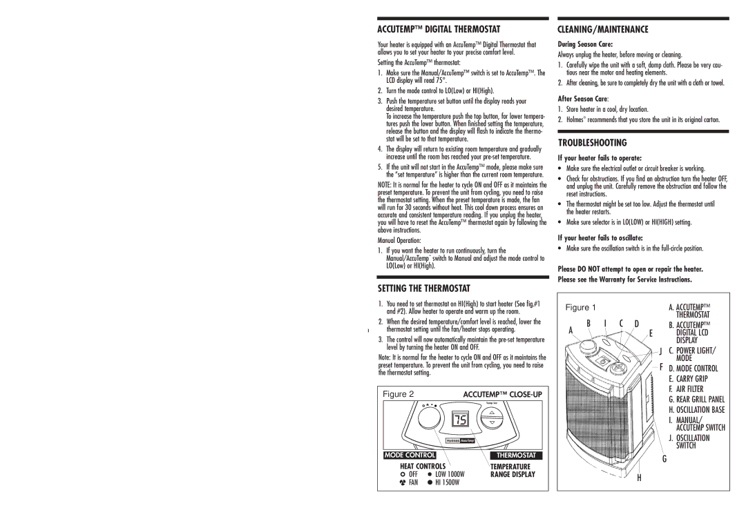 Holmes HCH4920 warranty Accutemp Digital Thermostat, Setting the Thermostat, Cleaning/Maintenance, Troubleshooting 