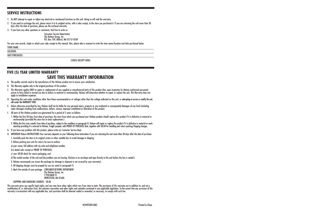 Holmes HCH4920 warranty Service Instructions, Five 5 Year Limited Warranty 