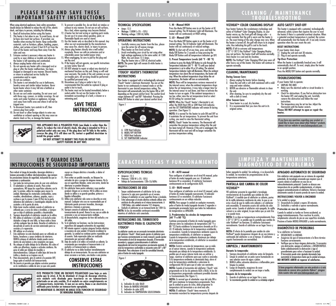 Holmes HCH4953 warranty Technical Specifications, Operating Instructions, Cleaning/Maintenance, Auto Safety SHUT-OFF 