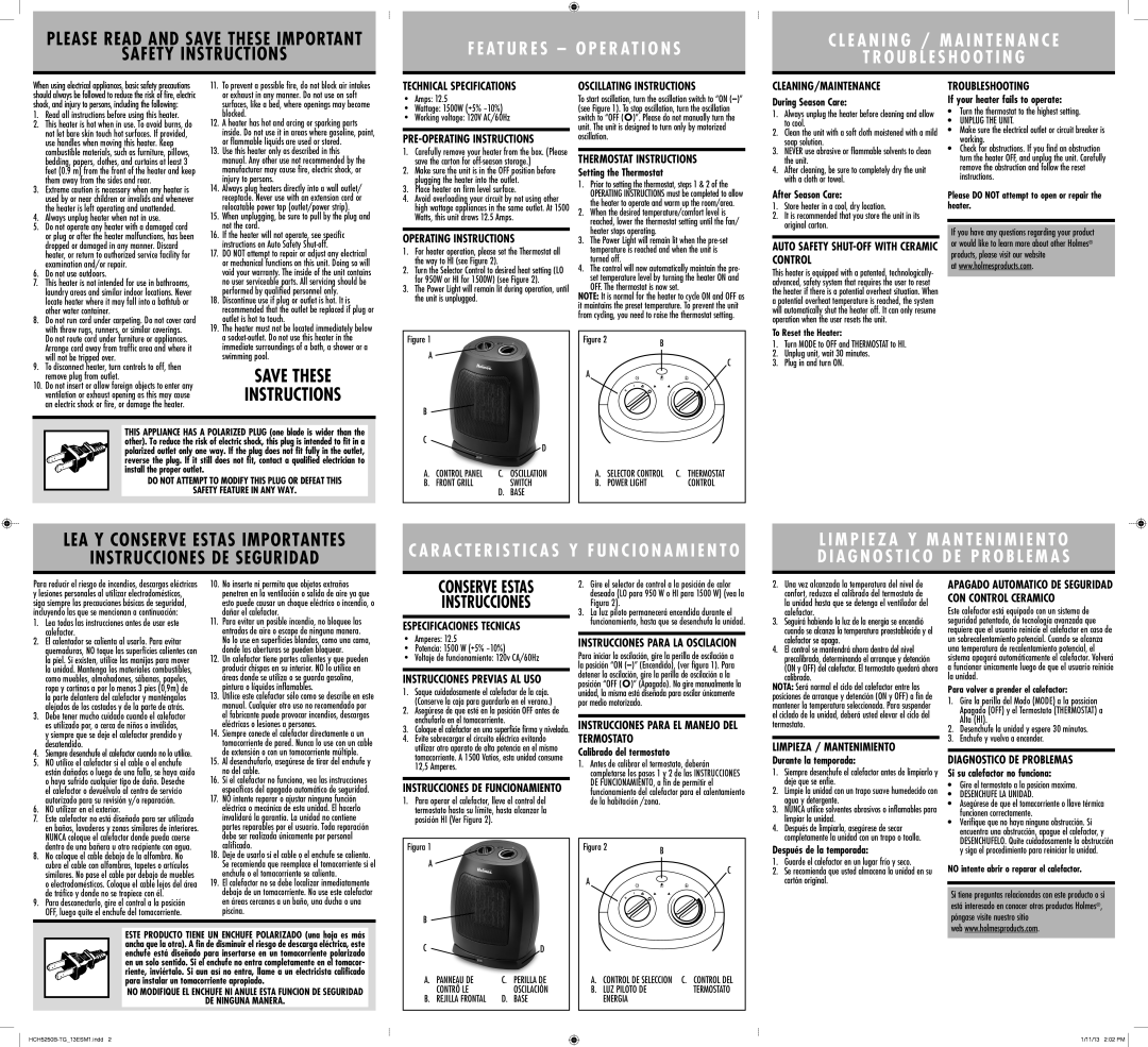 Holmes HCH5250B Technical Specifications, Operating Instructions, Oscillating Instructions, Thermostat Instructions 