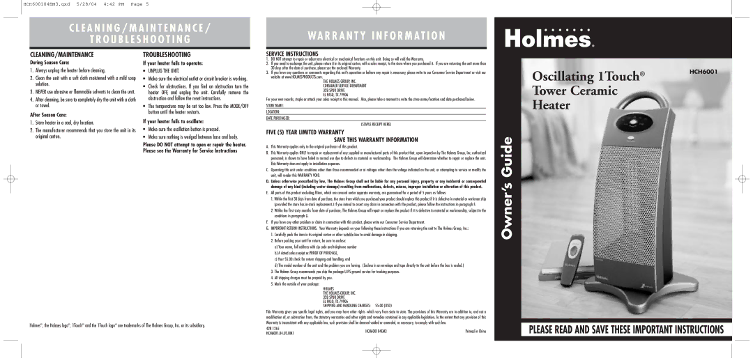 Holmes HCH6001 warranty Cleaning/Maintenance, Troubleshooting 