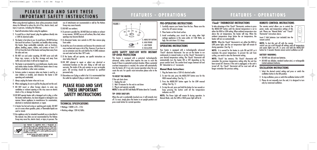 Holmes HCH6001 Technical Specifications, PRE-OPERATING Instructions, Operating Instructions, Remote Control Instructions 