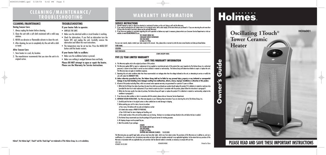 Holmes HCH6001 warranty C L E A N I N G / M A I N T E N A N C E, T R O U B L E S H O O T I N G, Cleaning/Maintenance 