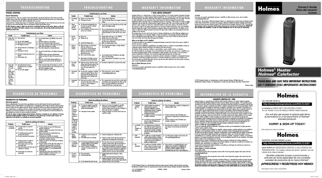 Holmes HCH8305 warranty Trouble Shooting, Diagnostico DE Problemas, Year Limited Warranty, Garantía Limitada DE 1 AÑO 