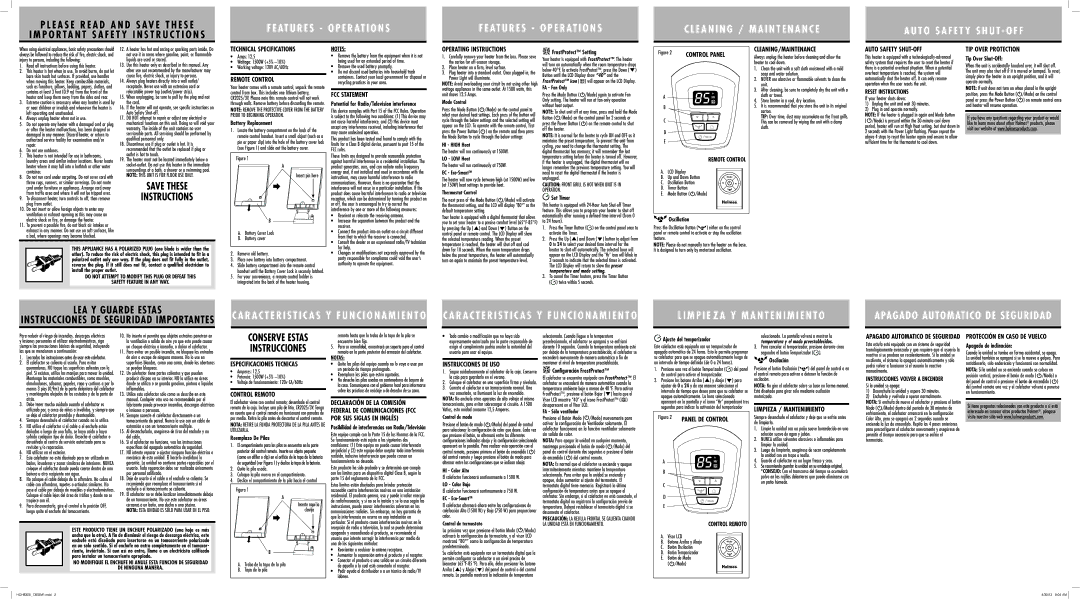 Holmes HCH8305 Technical Specifications, Remote Control, FCC Statement, Operating Instructions, Auto Safety SHUT-OFF 