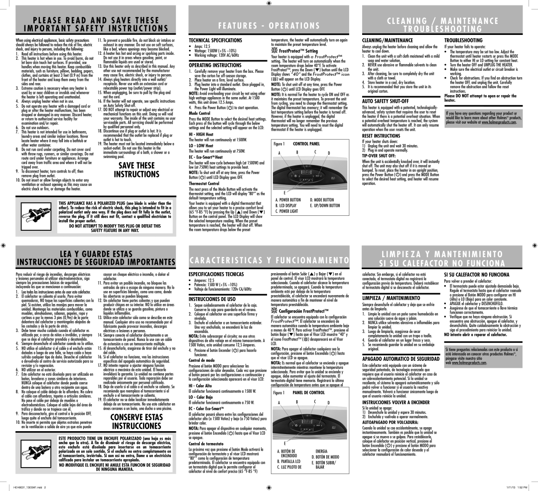 Holmes HEH8031 warranty Technical Specifications, Operating Instructions, Cleaning/Maintenance, Auto Safety SHUT-OFF 