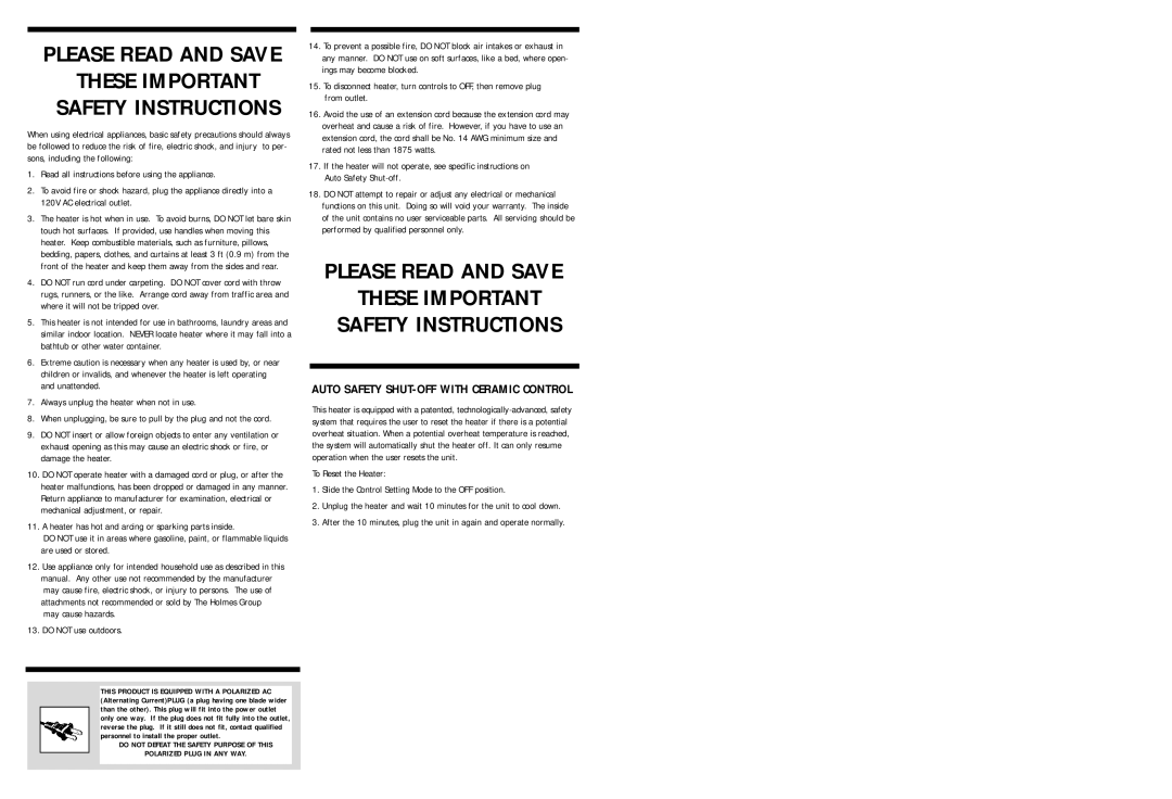 Holmes HFH091 warranty Read all instructions before using the appliance, Always unplug the heater when not in use 