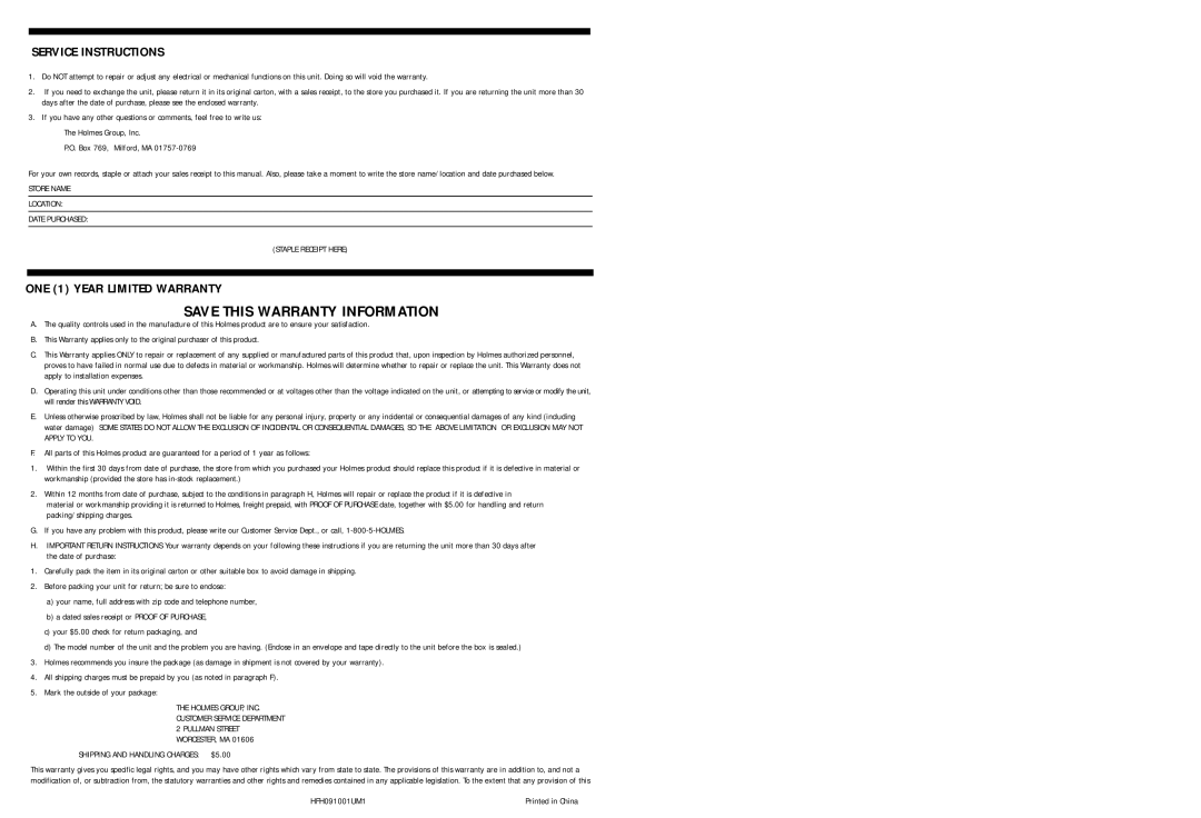 Holmes HFH091 warranty Service Instructions, ONE 1 Year Limited Warranty 