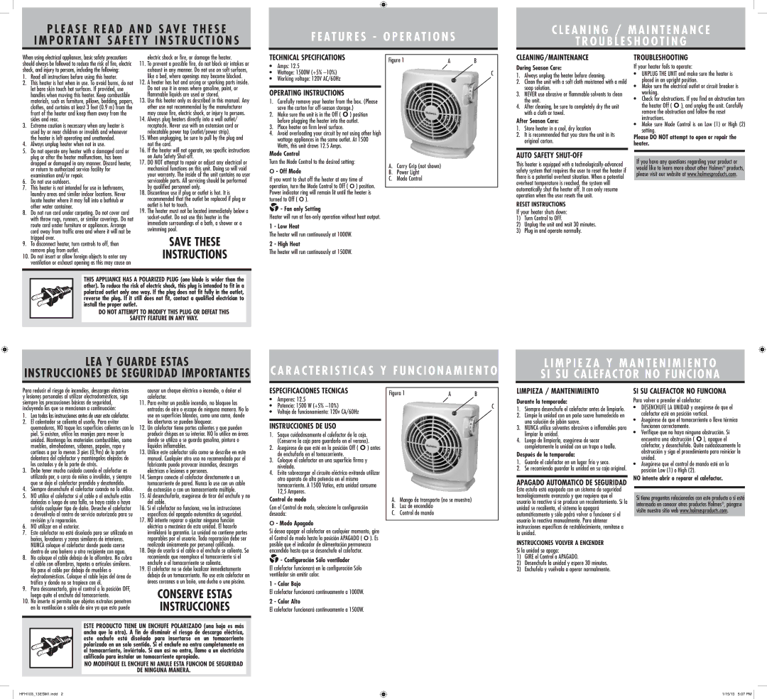 Holmes HFH103 warranty Technical Specifications, Operating Instructions, Cleaning/Maintenance, Troubleshooting 