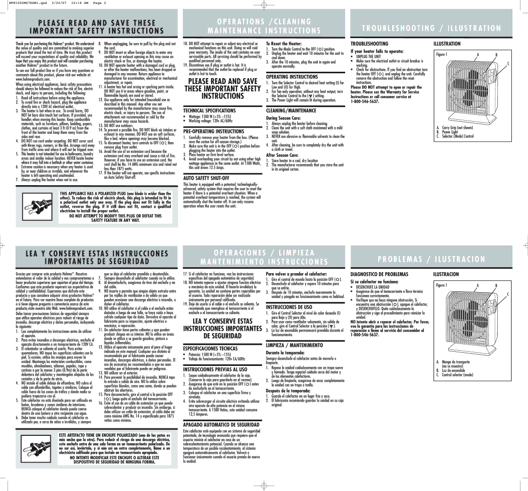 Holmes HFH105 Technical Specifications, Auto Safety SHUT-OFF, Operating Instructions, Cleaning/Maintenance, Illustration 