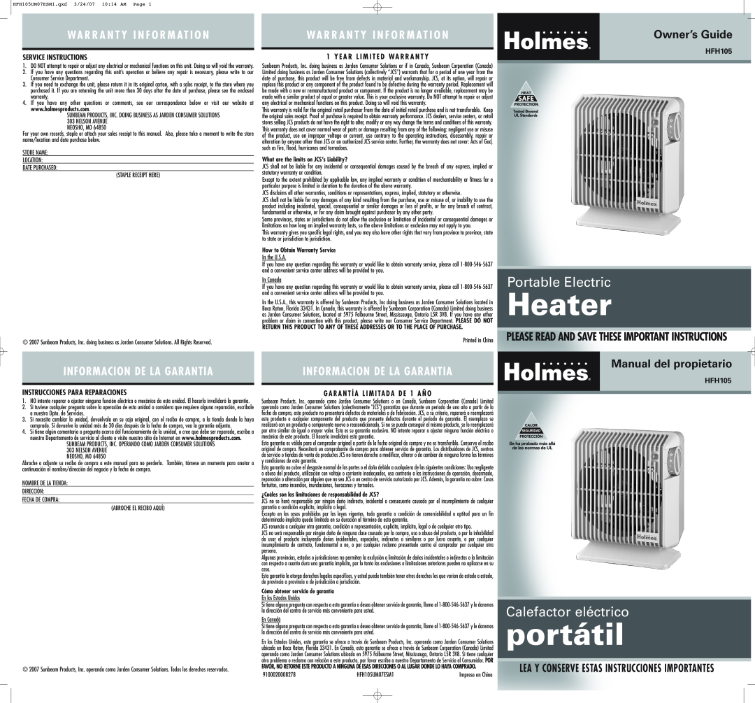 Holmes HFH105 warranty Wa R R A N T Y I N F O R M At I O N, Owner’s Guide, Informacion De La Garantia, Heater, portátil 