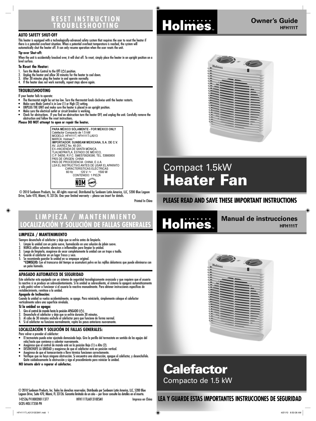 Holmes HFH111T warranty Heater Fan, Calefactor, Compact 1.5kW, Compacto de 1.5 kW, R E S E T I N S T R U C T I O N 