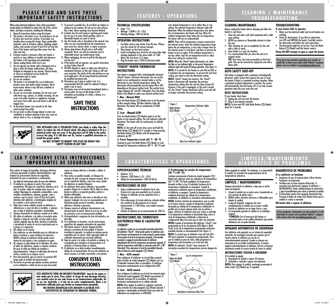 Holmes HFH136 warranty Technical Specifications, Operating Instructions, Cleaning/Maintenance, Troubleshooting 