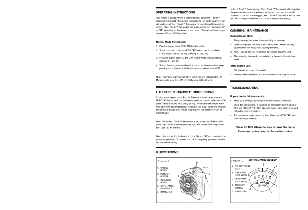 Holmes HFH29851 warranty Operating Instructions, Cleaning/Maintenance, Troubleshooting, Illustrations 