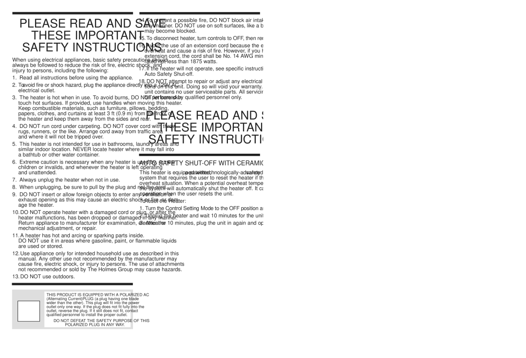 Holmes HFH411 warranty Read all instructions before using the appliance, Always unplug the heater when not in use 