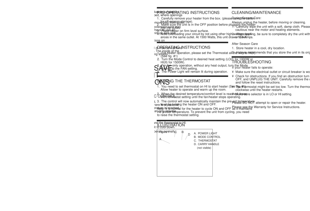 Holmes HFH411 warranty PRE-OPERATING Instructions, Operating Instructions, Setting the Thermostat, Cleaning/Maintenance 