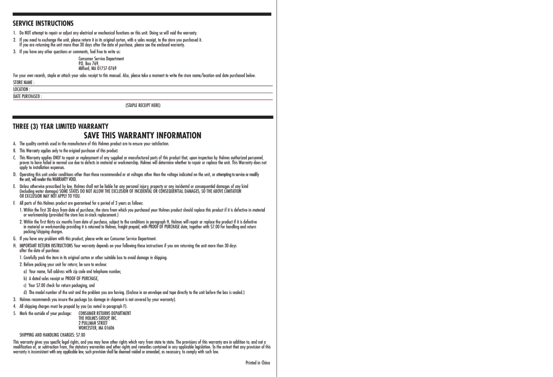 Holmes HFH411 warranty Service Instructions, Three 3 Year Limited Warranty 