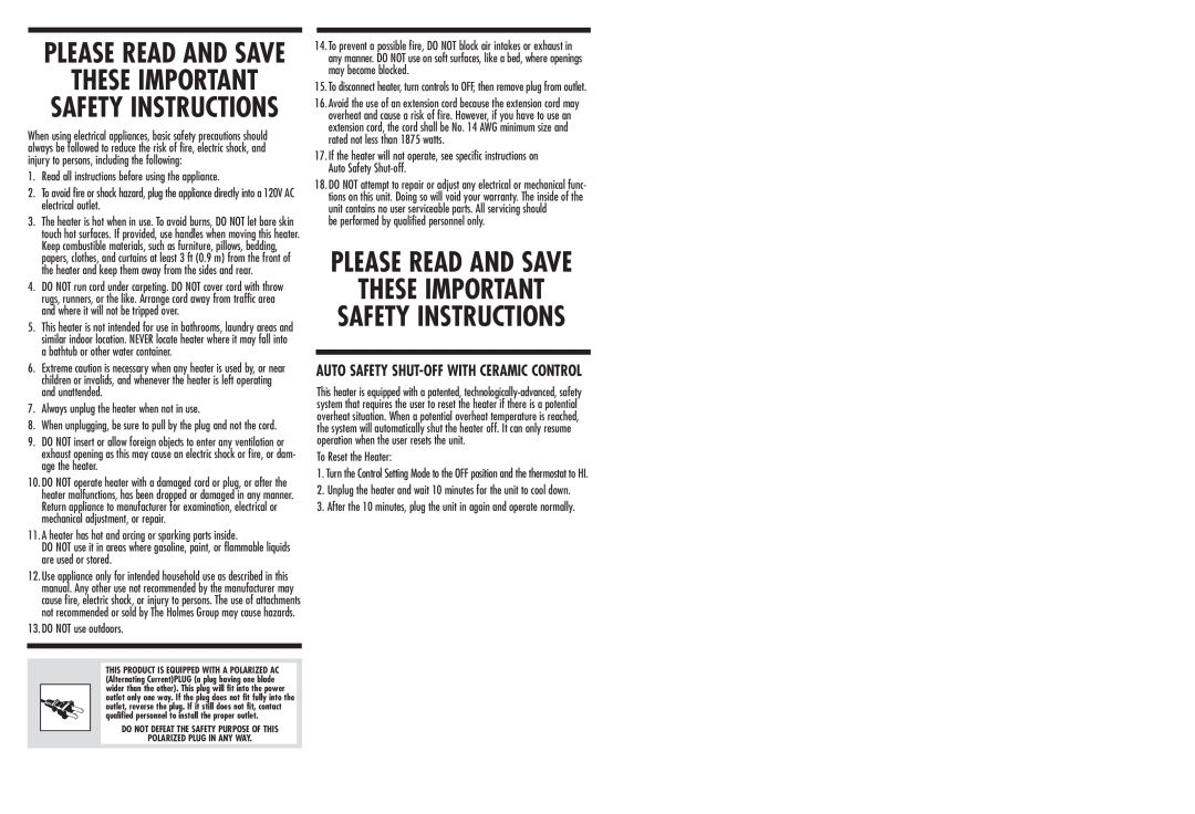 Holmes HFH411 warranty These Important, Safety Instructions, Please Read And Save, Auto Safety Shut-Offwith Ceramic Control 