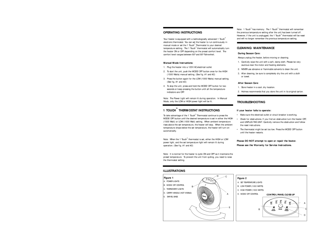 Holmes HFH416 warranty Operating Instructions, Cleaning/Maintenance, Troubleshooting, Illustrations 