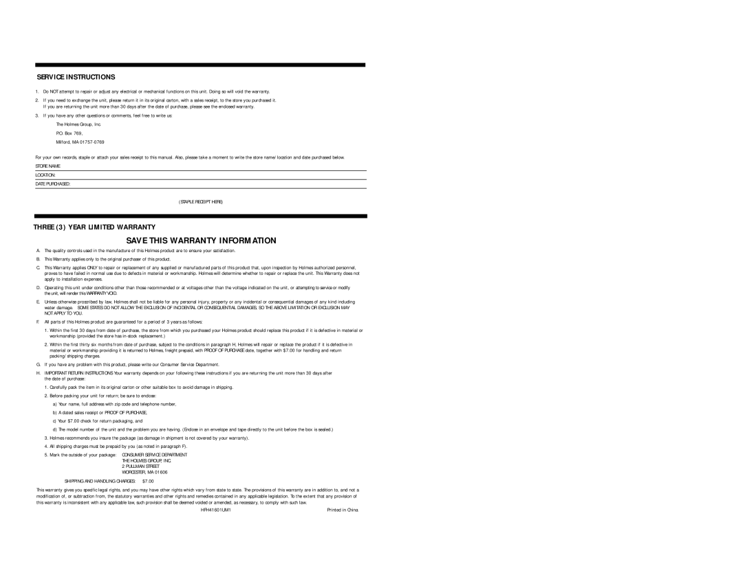 Holmes HFH416 warranty Service Instructions, Three 3 Year Limited Warranty 