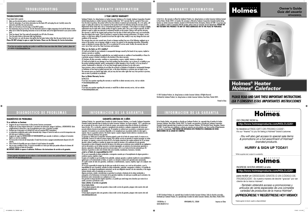 Holmes HFH436WGL warranty Troubleshooting, Diagnóstico DE Problemas, Year Limited Warranty, Garantía Limitada DE 3 Años 