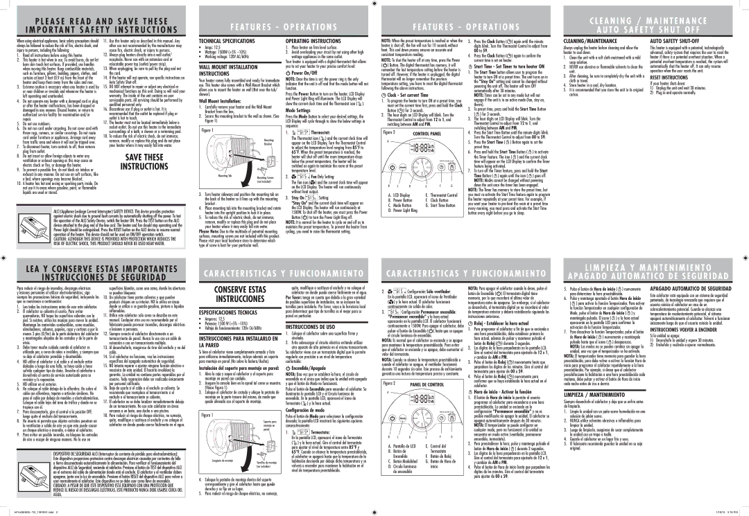 Holmes HFH436WGL warranty Technical Specifications, Wall Mount Installation Instructions, Operating Instructions 