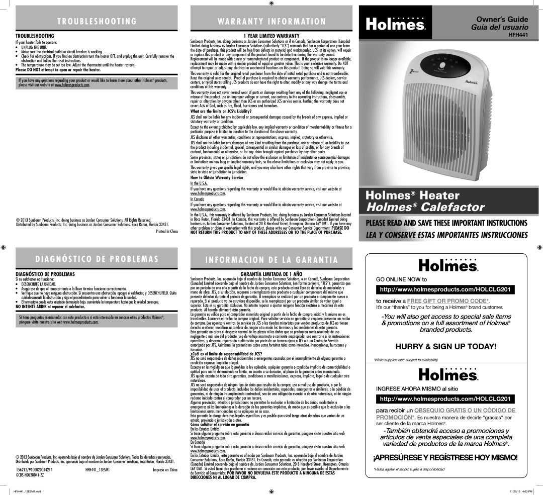 Holmes HFH441 warranty Troubleshooting, Diagnóstico DE Problemas, Year Limited Warranty, Garantía Limitada DE 1 AÑO 