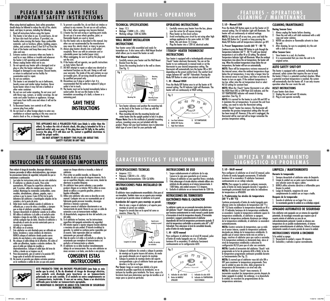 Holmes HFH441 Technical Specifications, Wall Mount Installation Instructions, Operating Instructions, Cleaning/Maintenance 