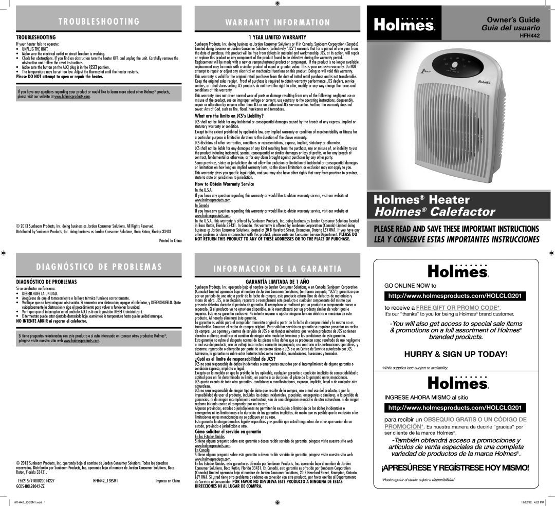 Holmes HFH442 warranty Troubleshooting, Diagnóstico DE Problemas, Year Limited Warranty, Garantía Limitada DE 1 AÑO 