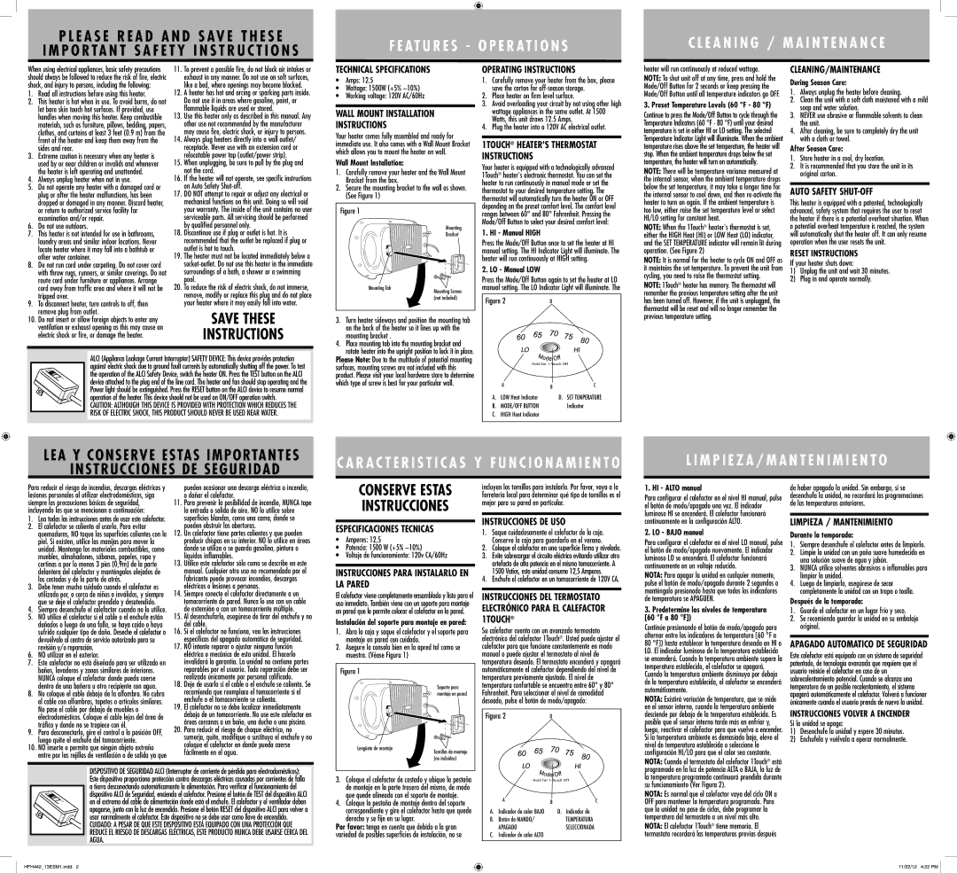 Holmes HFH442 Technical Specifications, Wall Mount Installation Instructions, Operating Instructions, Cleaning/Maintenance 