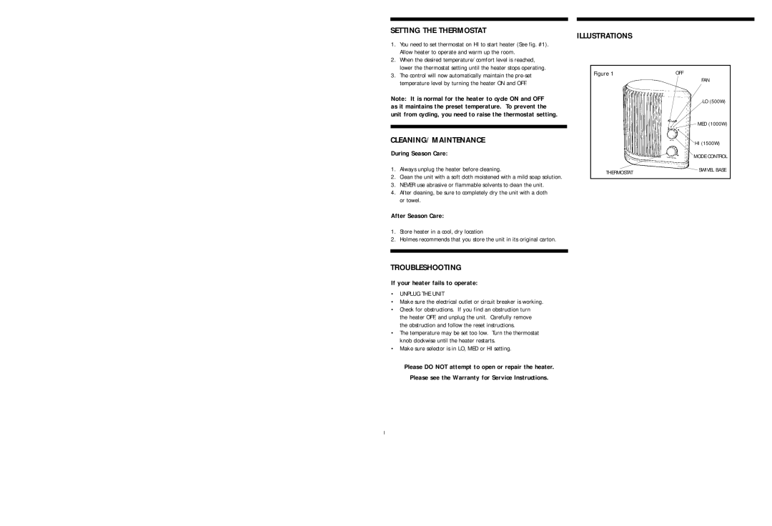 Holmes HFH506GTG warranty Setting the Thermostat, Cleaning/Maintenance, Troubleshooting, Illustrations 