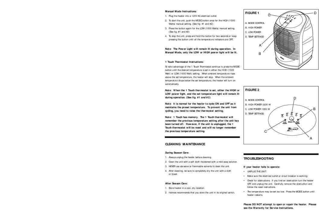 Holmes HFH55551 warranty Cleaning/Maintenance, Troubleshooting 