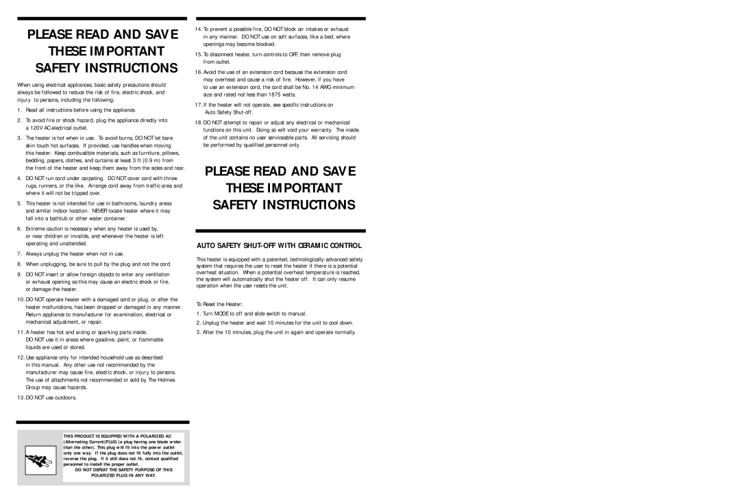 Holmes HFH595-CN warranty Read all instructions before using the appliance, Always unplug the heater when not in use 