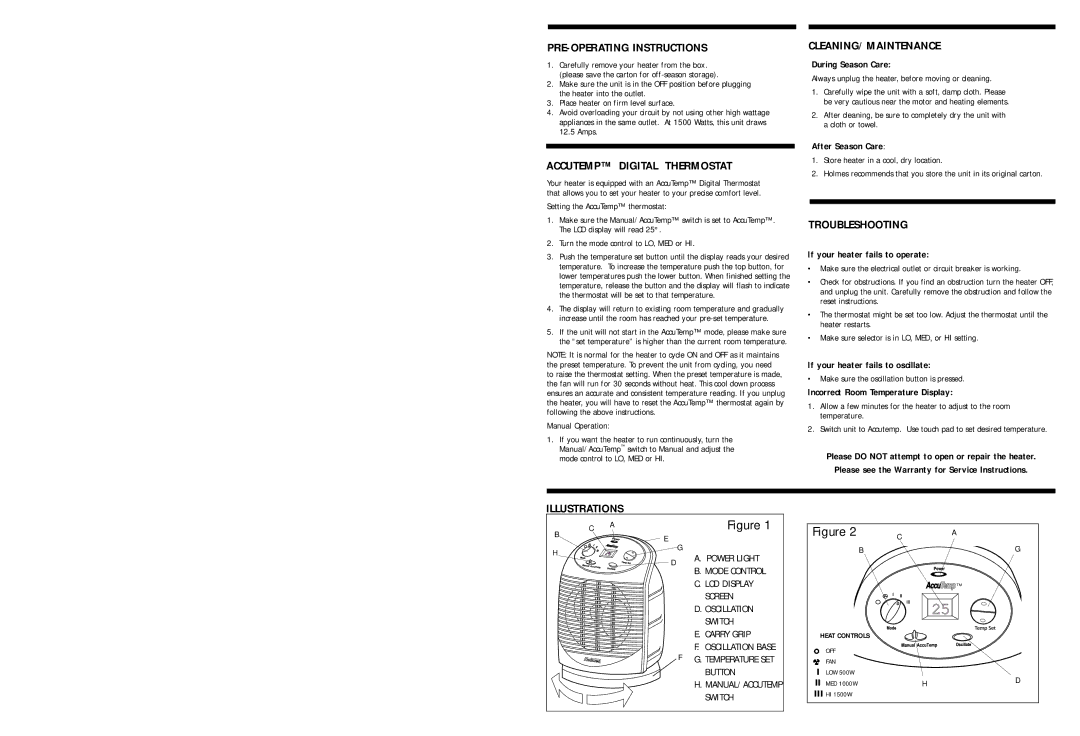 Holmes HFH595-CN warranty PRE-OPERATING Instructions, Accutemp Digital Thermostat, Cleaning/Maintenance, Troubleshooting 