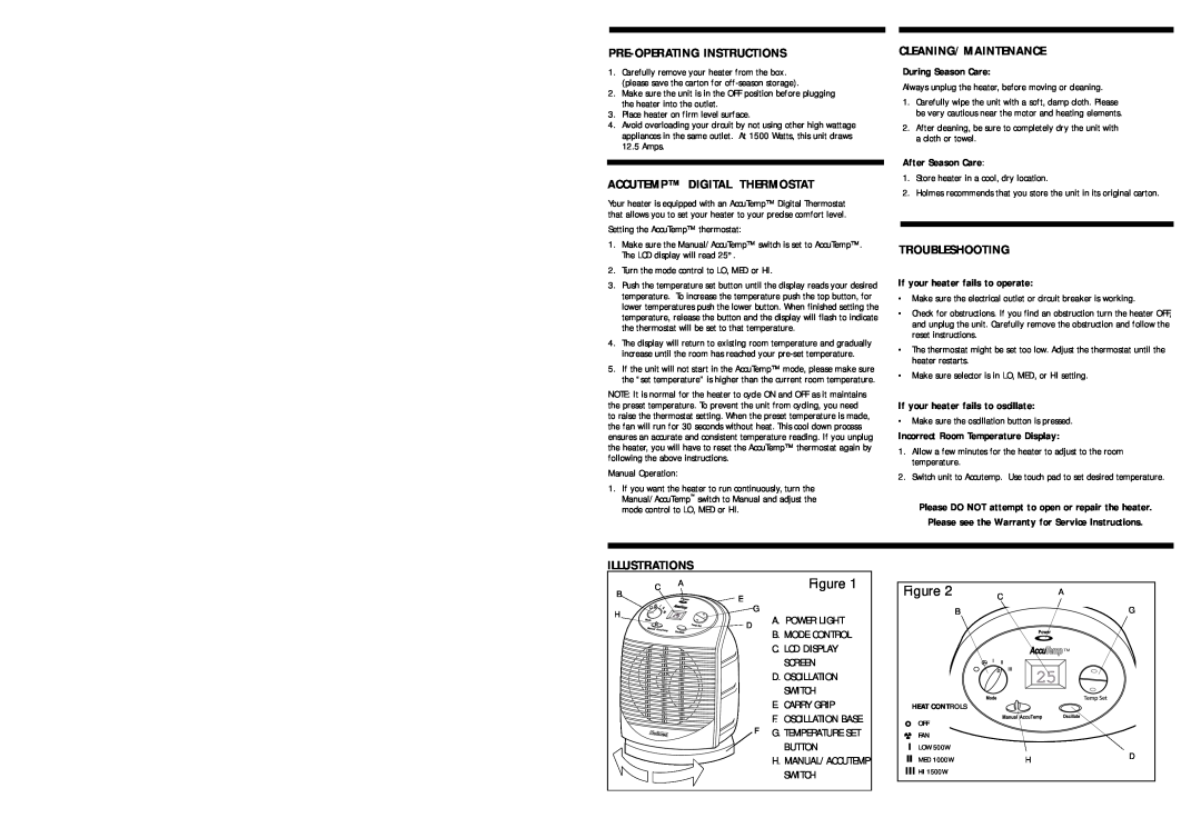 Holmes HFH595-CN Pre-Operatinginstructions, Accutemp Digital Thermostat, Cleaning/Maintenance, Troubleshooting, Screen 