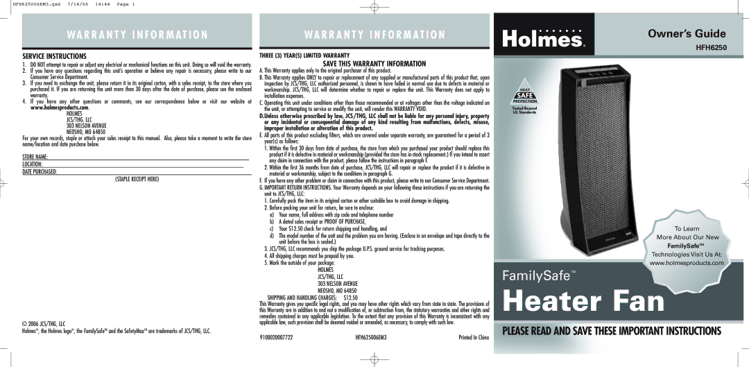 Holmes HFH6250 warranty Service Instructions, Save this Warranty Information 