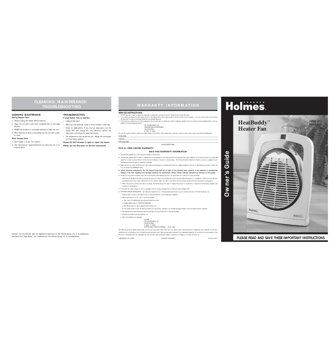 Holmes HFH6402/6408 warranty Cleaning/Maintenance, Troubleshooting, Please Read and Save These Important Instructions 