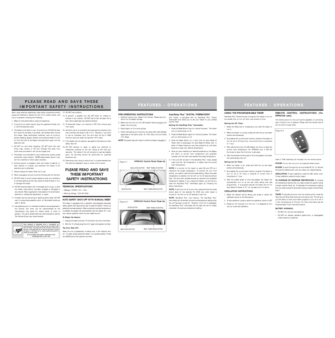 Holmes HFH6402/6408 warranty Technical Specifications, PRE-OPERATING Instructions 