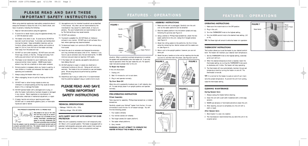 Holmes HH3800 Auto Safety SHUT-OFF with Instant TIP Over Protection, PRE-OPERATING Instruction, Assembly Instructions 